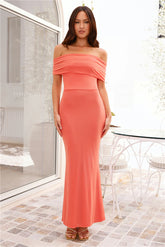 Invited Off Shoulder Mesh Maxi Dress Peach